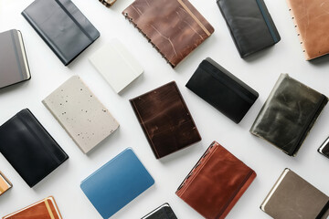 Overhead view of various wallets spread out on a white surface, showcasing different styles and textures