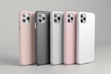 Range of smartphones with stylish protective cases in various colors showcased on a neutral background