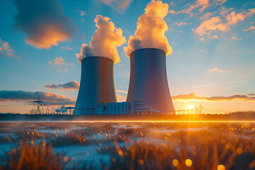 Industrial silhouette against dusk sky, nuclear plant pollution - obrazy, fototapety, plakaty