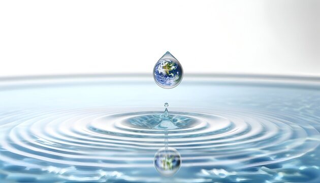 Illustration to celebrate world water day with a planet earth in water droplet falling on the clear water surface.