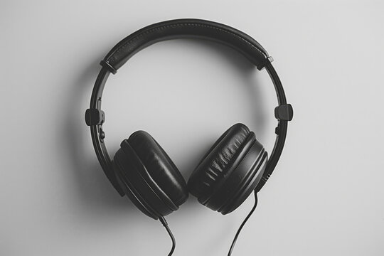 Monochrome image of headphones with a minimalist design hanging against a plain white background