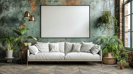 Mock up frame, living room with a frame, empty frame wood, white furniture green wall minimal clean interior, interior design, mock-up for art product 