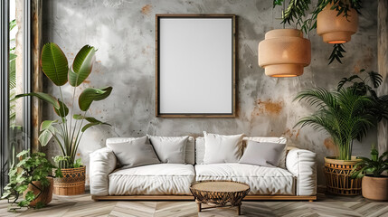 Mock up frame, living room with a frame, empty frame wood, white furniture minimal clean interior, interior design, mock-up for art product 
