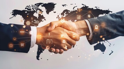 Global Partnership Two Business Professionals Shake Hands with Global Innovation Overlay