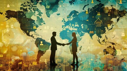 Global Partnership Two Business Professionals Shake Hands with Global Innovation Overlay