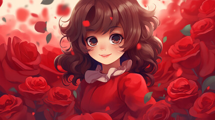 Garota fofa em um campo de rosas vermelhas- Ilustração infantil - obrazy, fototapety, plakaty