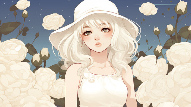 Garota fofa em um campo de rosas brancas - Ilustração infantil