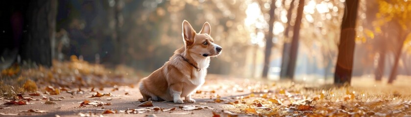 Corgi dog sitting in the park among orange leaves in the autumn season with warm sunlight
