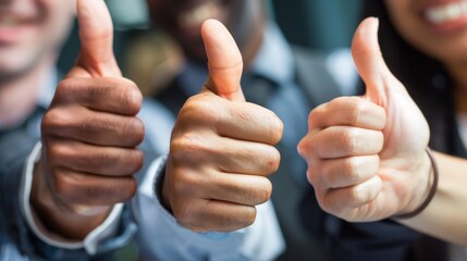 Team Triumph: Professionals Give Thumbs Up in Modern Office, Signifying Collaboration and Success