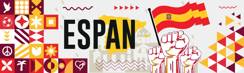 Spanish national day banner design. Spanish flag and map theme with background. Template vector Spanish flag modern design. Abstract geometric retro shapes of red and blue yellow .
