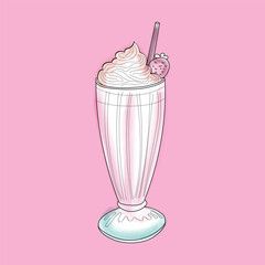 A doodle-style handpainted watercolor illustration of a milkshake placed against a soft pink background. The milkshake is portrayed in a fun manner, with vibrant colors and charming details