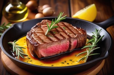 Juicy beef steak cooked in a frying pan with rosemary and butter