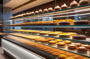 Glass cafe counter with various desserts. Pastry shop concept