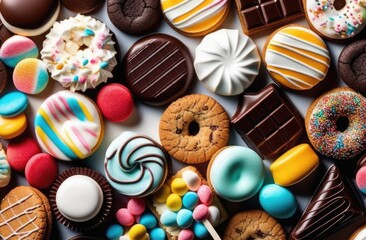 Obraz premium Banner. Top view of chocolate, cookies, candies, marmalade and marshmallows lying on the table