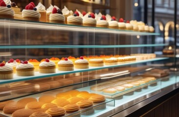 Glass counter of a pastry shop with various desserts with street reflection