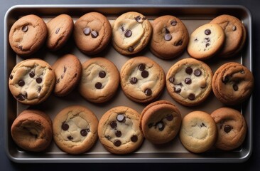 Obraz premium View from above. Freshly baked American cookies with chocolate chips on the oven rack