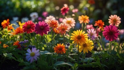 Flowers in the garden, Flowers on a black background, colorful flowers,s and a lens flare, colorful flower background,	