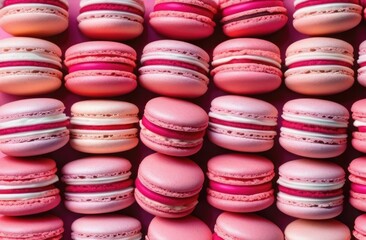Fototapeta premium Banner. Top view of many, evenly arranged, pink macarons on pink background