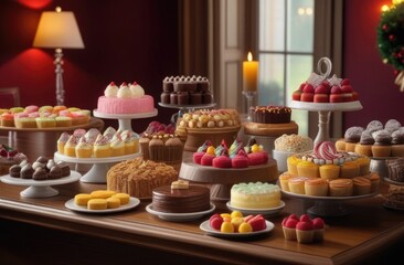 Buffet table with cake, pastries, sweets and juice against the background of a red wall near the window