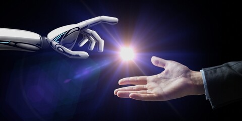 White cyborg robotic hand pointing his finger to human hand with stretched finger - cyber la creation - isolated on free PNG background. - obrazy, fototapety, plakaty