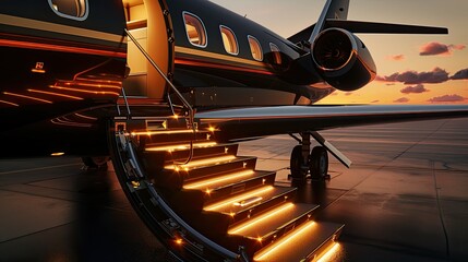 A close-up of the entrance to the plane, the first few steps of the staircase, each illuminated by a lantern leading to the entrance. The interior of the aircraft looks luxurious with shiny surfaces.