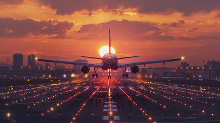 passenger plane fly up over take-off runway from airport at sunset.
