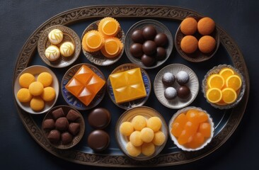 Banner. Top view of dark table with tray and various Turkish sweets