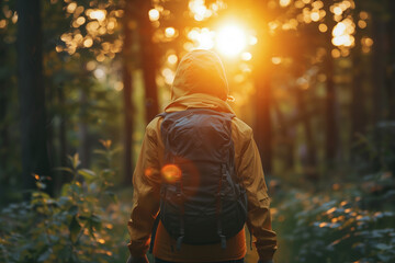 A person participating in a therapeutic nature walk to connect with the healing power of the outdoors. A person with a backpack is walking through a forest at sunset - obrazy, fototapety, plakaty