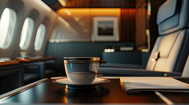 aircraft cabin interior, business class seat design and coffee cup appearance to enhance the authenticity and believability of the image.