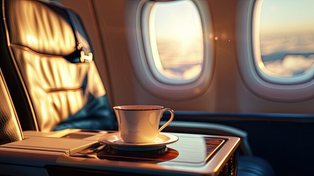aircraft cabin interior, business class seat design and coffee cup appearance to enhance the authenticity and believability of the image.