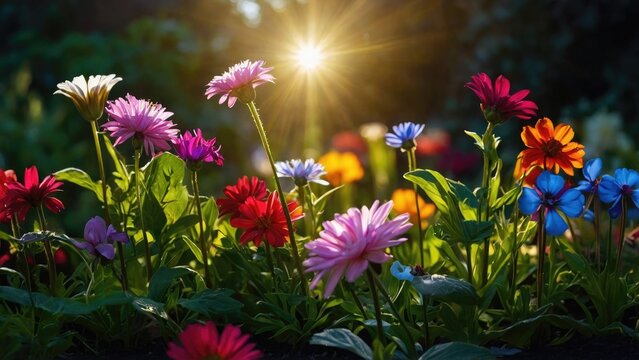Flowers in the garden, Flowers on a black background, colorful flowers,s and a lens flare, colorful flower background,	