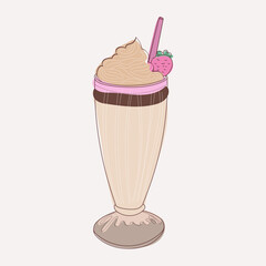 A hand-drawn illustration of a milkshake with a straw and a juicy red strawberry placed on top. The artwork showcases a creamy milkshake in a classic glass filled with a delicious treat