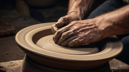 Potter's Hands Crafting Ceramic Plate on Pottery Wheel in Artisan Workshop. Creative Clay Artisan Sculpting Handmade Dish on Potter's Wheel. Traditional Craftsmanship and Artistic Pottery Making 