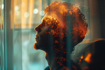A person receiving EMDR therapy to process and heal from past traumas. A man with curly hair is looking out of a window and imagining walk in a forest and beauty of nature - obrazy, fototapety, plakaty