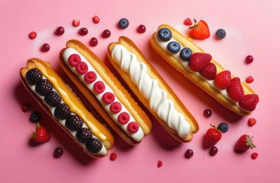 Top view of delicious eclairs with cream and fresh berries on pink background