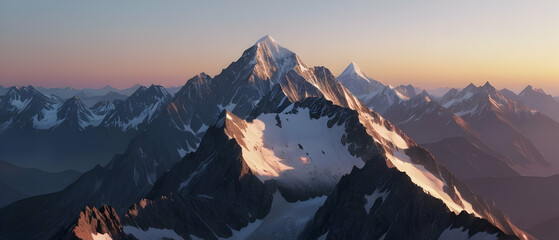 Majestic Peaks at Sunrise. Towering mountains bathed in the warm, detailed glow of a dawn sky. - obrazy, fototapety, plakaty