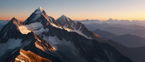 Majestic Peaks at Sunrise. Towering mountains bathed in the warm, detailed glow of a dawn sky. - obrazy, fototapety, plakaty