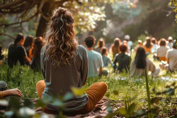 A psychologist leading a discussion on mindfulness-based stress reduction techniques. Group of people enjoying nature under a tree on the grassy landscape no a sunny day