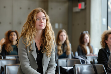 A psychologist leading a seminar on resilience and coping skills in times of adversity. A blond female is listening to the lecture on psychology among other students in a class