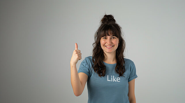 A girl in a blue t-shirt with "Like" written on it shows the like sign with her hand and smiling