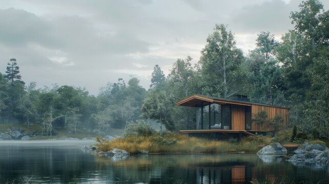 wooden house in a misty atmosphere among the forest, emphasizing its integration into the landscape and minimalist Japanese design.