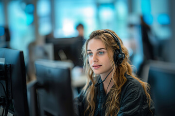 A support hotline worker providing assistance and comfort to a caller in need. A young caucasian woman with headphones sits in front of a computer answering incoming calls in the office