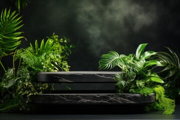 Product display. empty marble podium display stand for product display with green foliage.