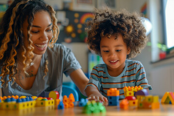 A therapist using play therapy techniques to help a child express their emotions. A black woman and a child are playing with blocks on a table - obrazy, fototapety, plakaty
