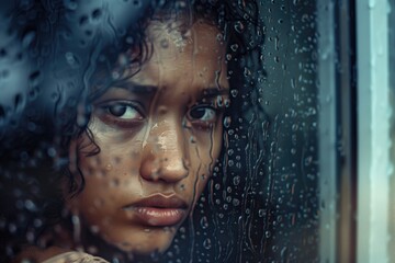Beautiful young woman behind a wet window at a rainy day. Waterpdrops on the window. The woman is sad. 
