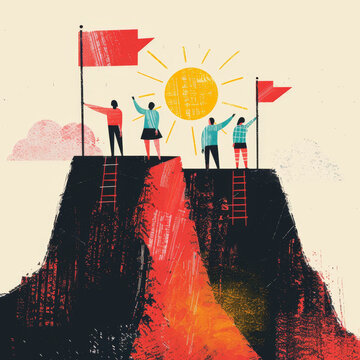 Colorful Leadership Training Handbook Line Illustration - Summit with Flags Gen AI