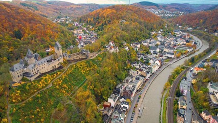 Aerial view of the old town and castle Altena in Germany on a cloudy noon in autumn	