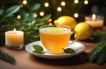 Fototapeta na wymiar Fragrant tea with lemon stands on the table in a romantic atmosphere with a candle, greenery and garland in the background