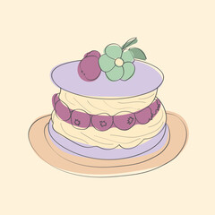 A hand-drawn illustration depicting a cake resting on a plate, showcasing intricate details and textures of the dessert
