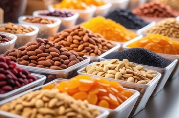 Nuts and dried fruits in containers are sold on the store counter